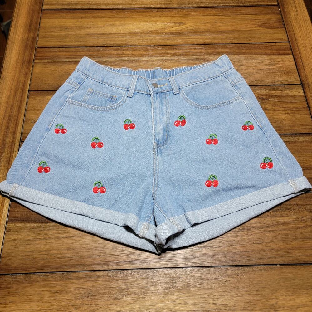 Shein Curve Denim Shorts w/ Embroidered Cherries - Size 0XL
